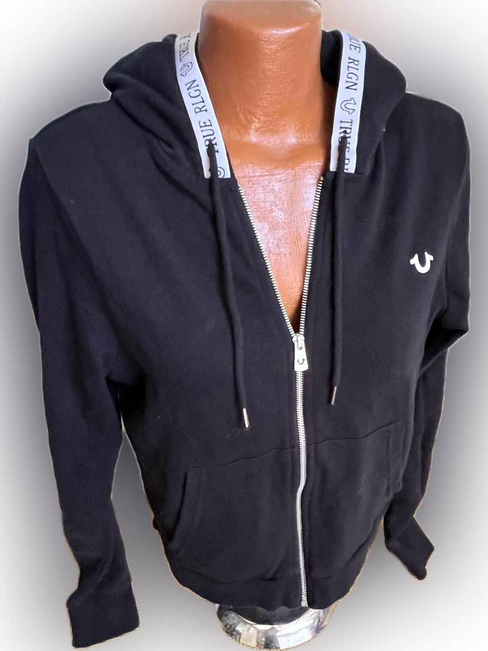 True Religion black hoodie ticker classic full zip sweatshirt chest: 43”